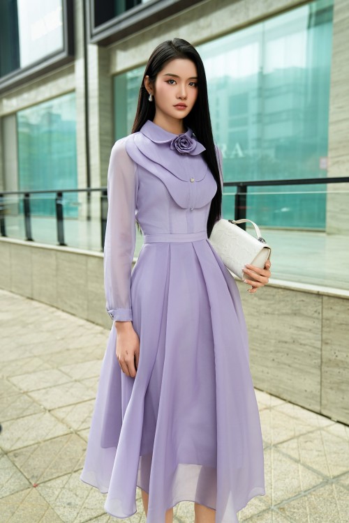 Sixdo Purple Organza Flared Dress With Flower