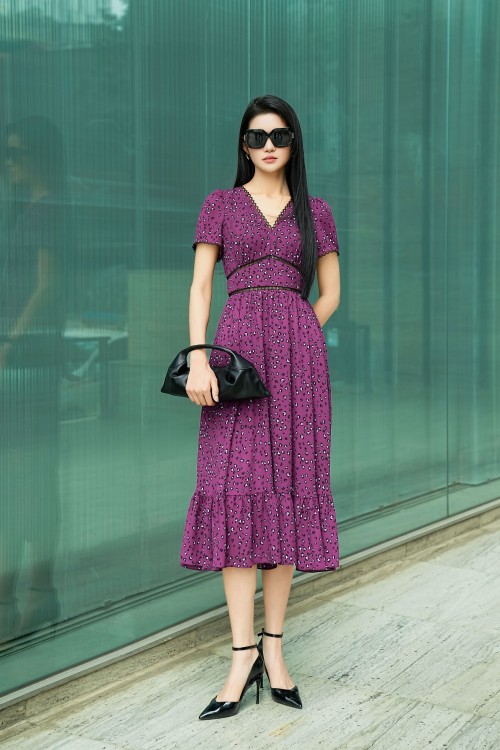 Sixdo Dark Violet Woven Flared Dress