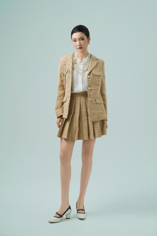 Dark Beige Check Midi Tweed Skirt