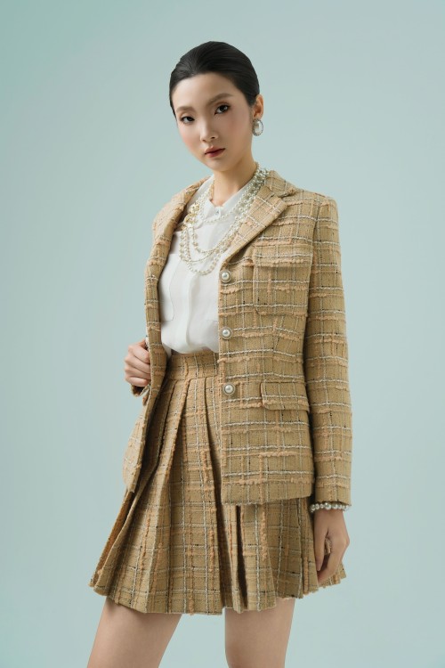 Dark Beige Long Sleeves Tweed Vest