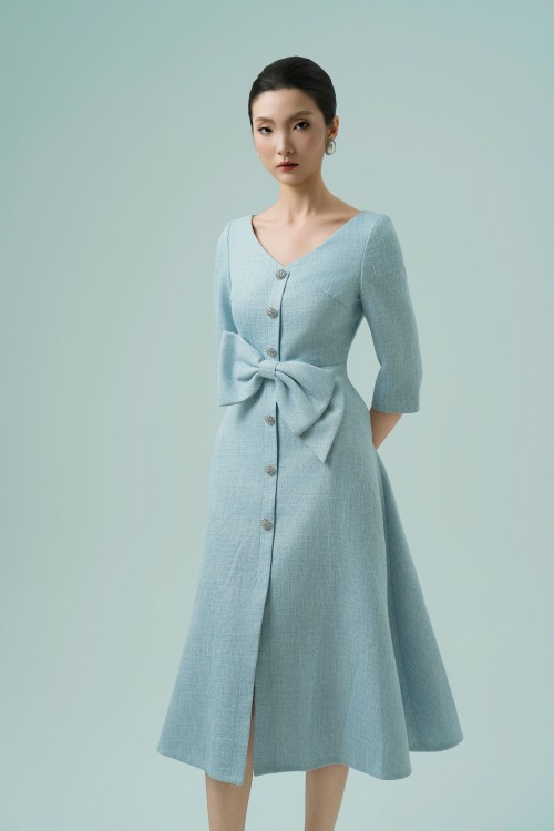Light Blue Midi Tweed Dress
