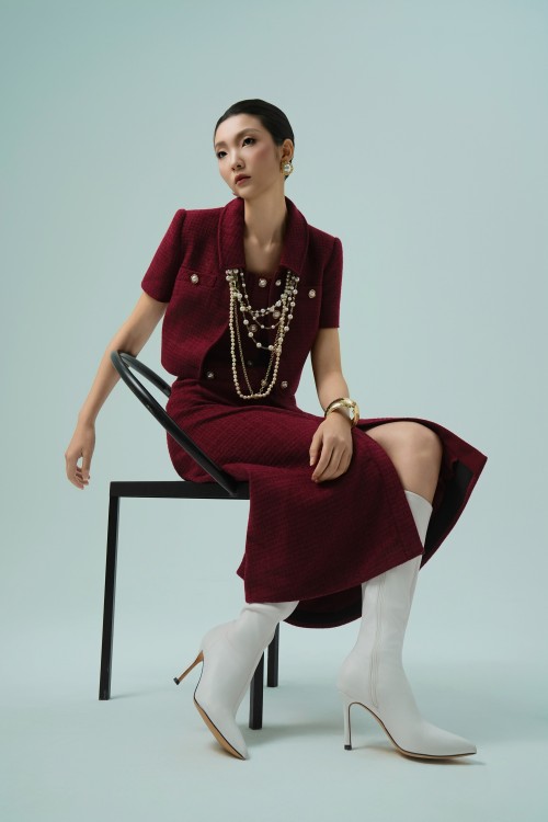 Plum Short Sleeves Tweed Vest