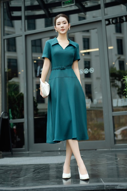 Dark Green Woven Flared Dress