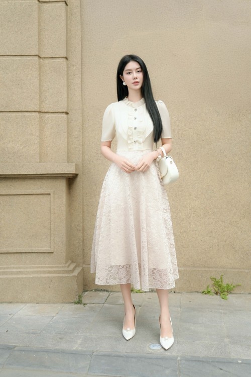 Beige Organza Flared Dress