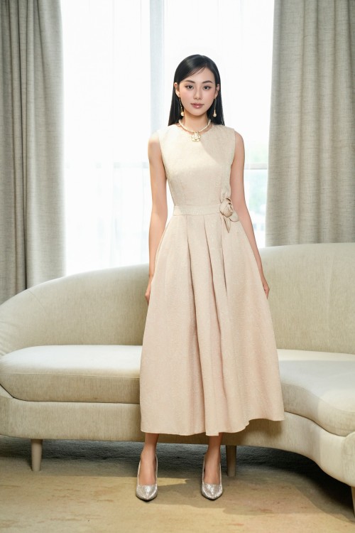 3D Flower Brocade Flared Dress