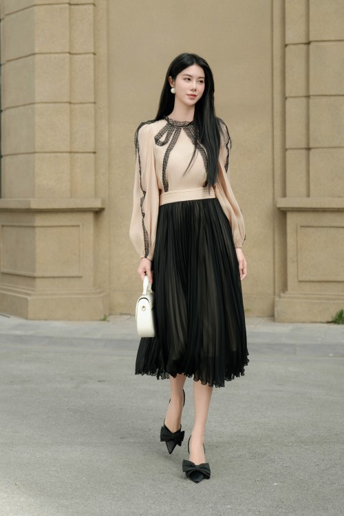 Light Brown Organza Flared Dress