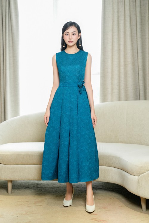 3D Flower Brocade Flared Dress