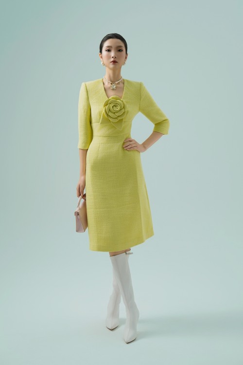 Neon Yellow Midi Tweed Dress With Flower