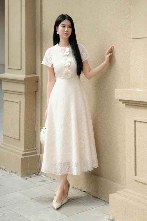 Off-White 3D Flower Lace Flared Dress