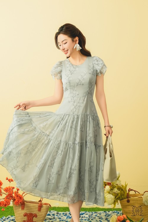 Greyish-blue Floral Midi Voile Dress