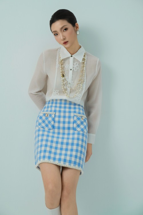 Blue Check Tweed Mini Skirt
