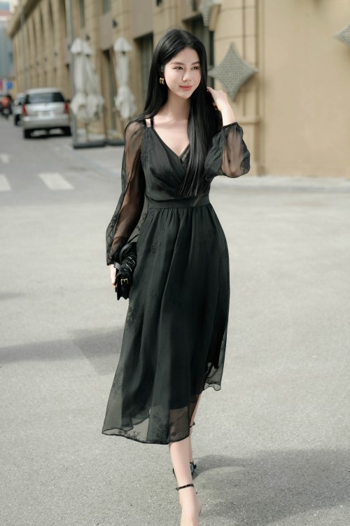 Black Voile Flared Dress