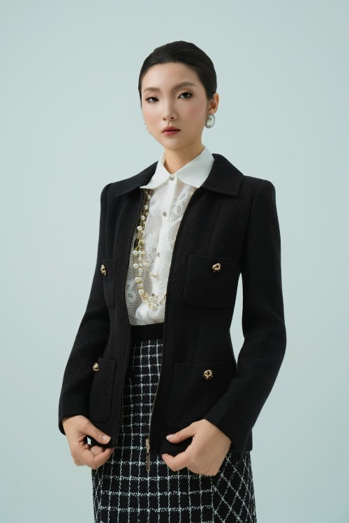 Black Long Sleeves Tweed Vest 2