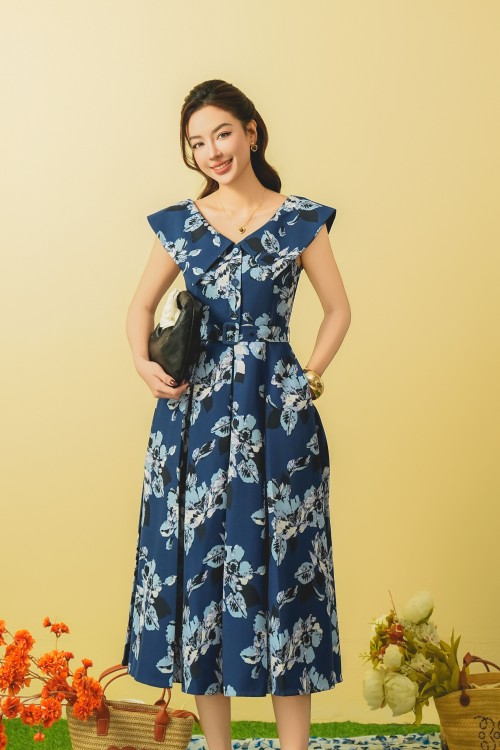 Navy Floral Midi Woven Dress