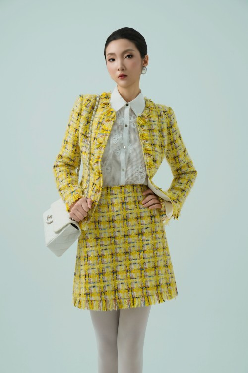 Yellow Check Long Sleeves Tweed Vest