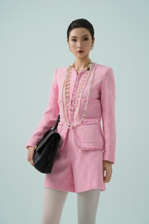 Light Pink Long Sleeves Tweed Vest 1