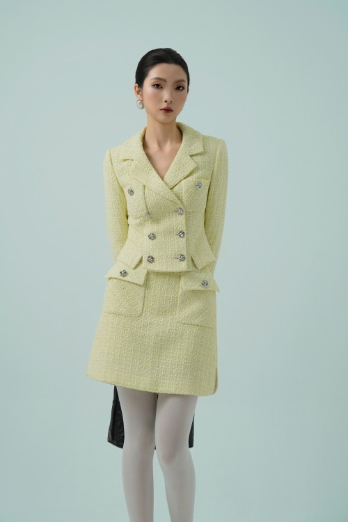 Light Yellow A-line Mini Tweed Skirt