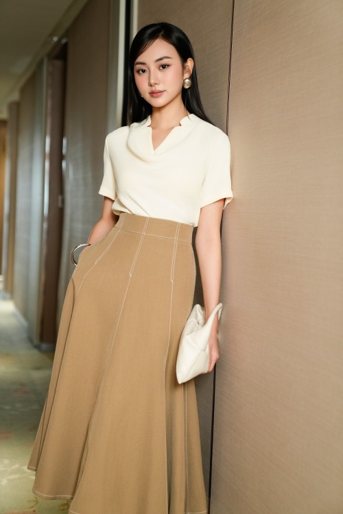 Dark Cream V-Neck Woven Top