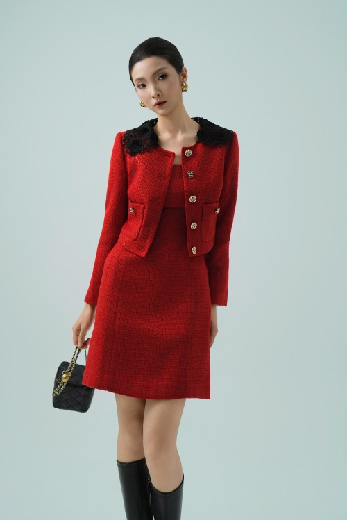 Red Long Sleeves Tweed Vest 2