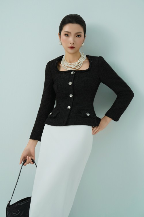 Black Long Sleeves Tweed Vest 3