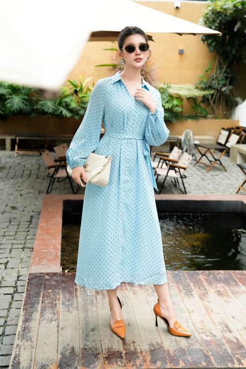 Blue Polka Dot Midi Chiffon Dress
