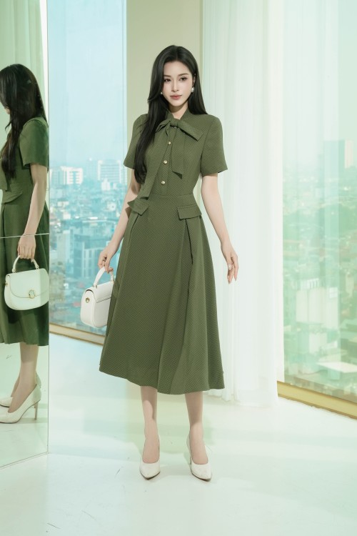 Moss Green Woven Flared Dress