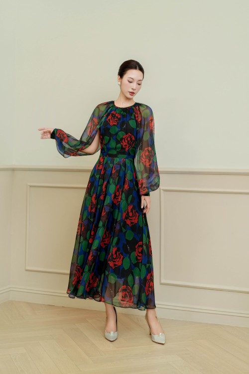 Black Floral Voile Flared Dress