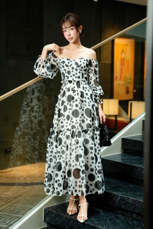 White Polka Dots Midi Dress