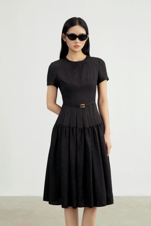 Black Brocade Flared Dress