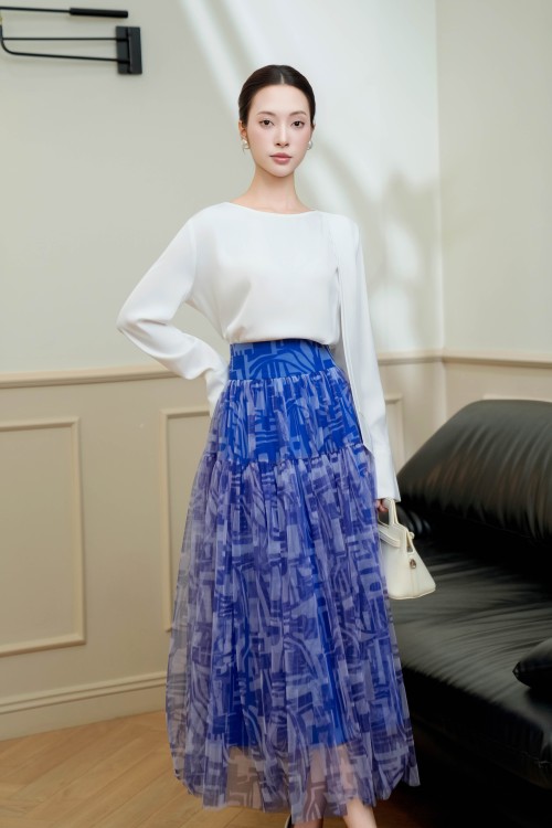 Cobalt Mesh Flared Skirt