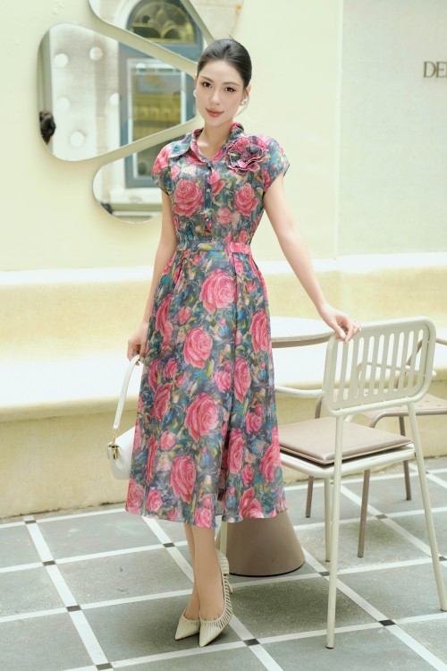 Floral Organza Flared Dress With Flower