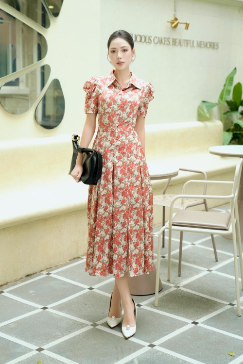 Cream Floral Silk Flared Dress