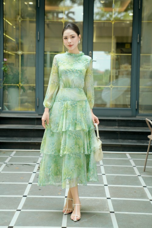Green Floral Voile Flared Dress