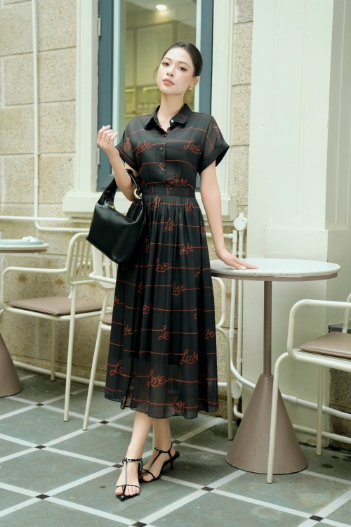 Black Organza Flared Dress