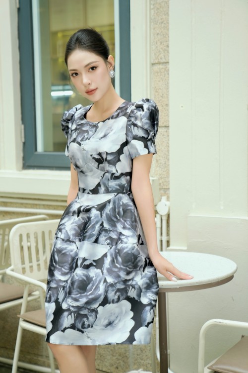 Black Flower Taffeta Mini Dress