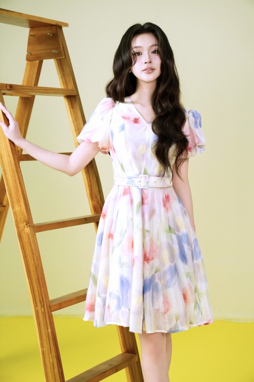 Cream V-neck Organza Mini Dress