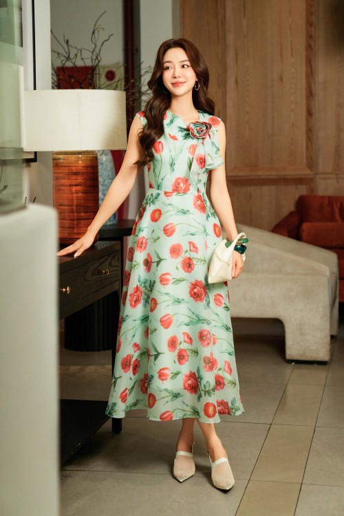 Turquoise Organza Flared Dress With Flower