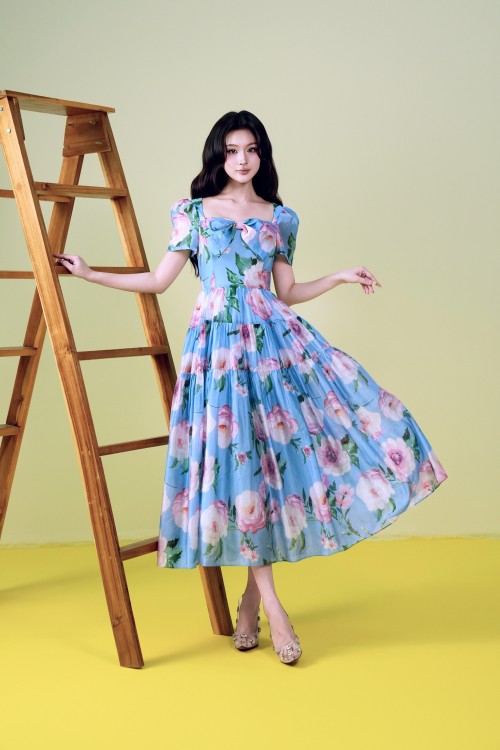 Blue Floral Organza Flared Dress