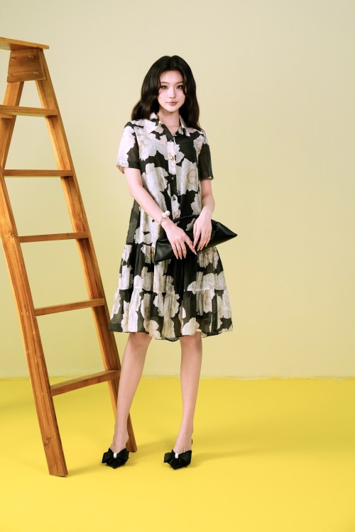Black Floral Organza Flared Dress
