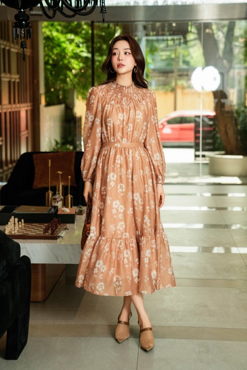 Light Brown Floral Organza Flared Dress