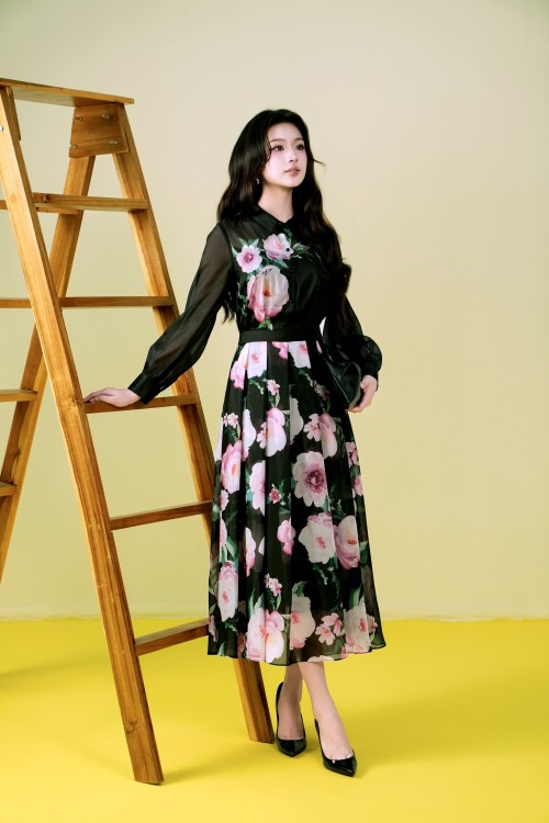 Black Organza Flared Dress