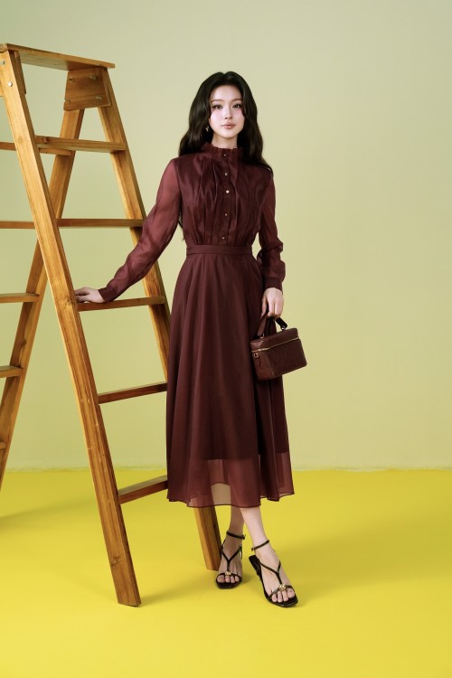 Wine Organza Flared Dress