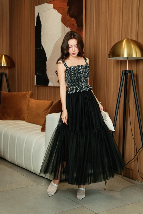 Black Mesh Flared Skirt