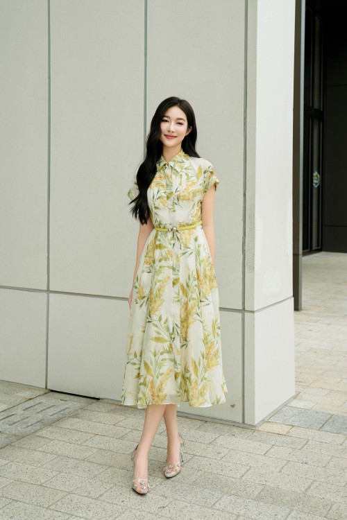 Cream Floral Organza Flared Dress With Belt