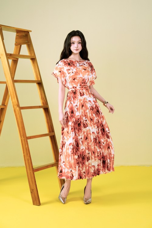 Orange Rose Silk Flared Dress