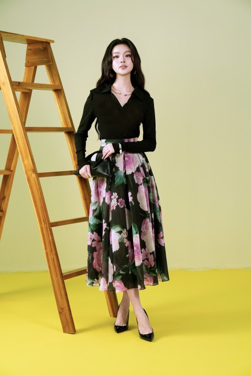Black Floral Organza Flared Skirt