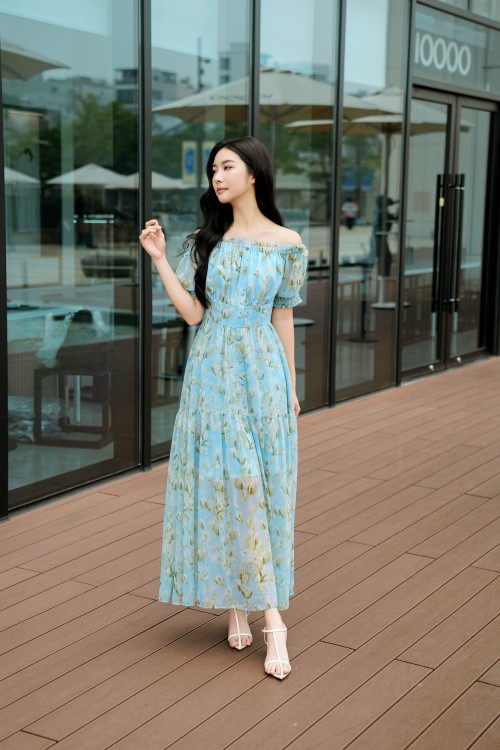 Blue Voile Flared Dress