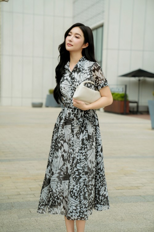 White & Black Organza Flared Dress