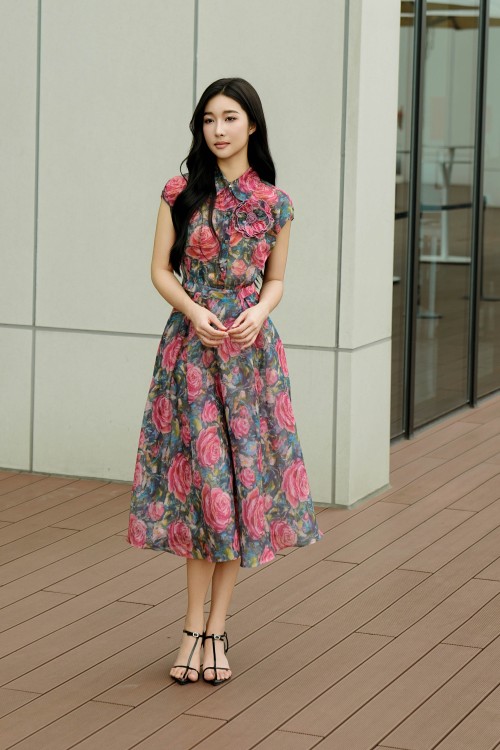 Floral Organza Flared Dress With Flower