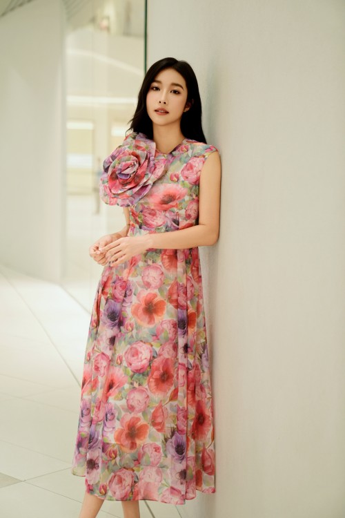 Colorful 3D Flower Organza Flared Dress